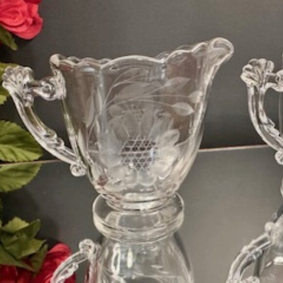 Etched Floral Crystal Cream and Sugar Set Clear Glass Vintage‎ Heavy Elegant - Picture 2 of 5